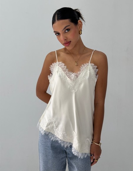 Top Irregular saten encaje